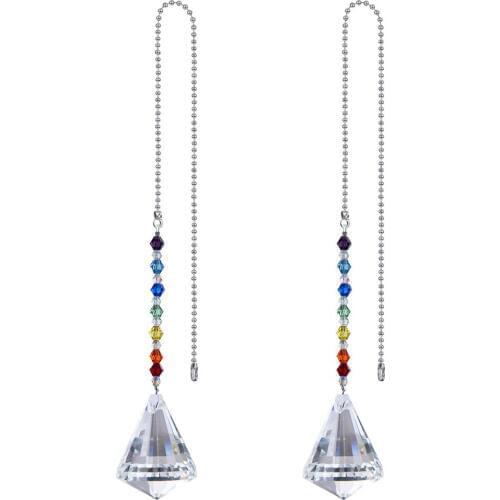 H&D Crystal 38mm Cone Prisms Chakra Hanging Suncatcher Window Ornament Rainbow Maker 2pcs Ceiling Fan Pull Chains Decor for Home