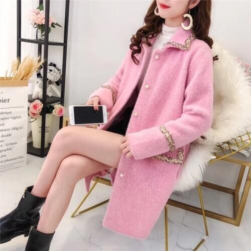 Faux Mink Velvet Coats New 2020 Fashion Womens Coat Spring Autumn Winter Single-breasted Loose Knitting Woolen Jacket Outwear