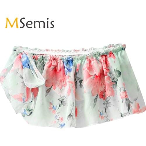 Mens Skirted Briefs Erotic Sexy Floral Print Chiffon Underwear Frilly Ruffle Side Lace-up Sissy Lingerie Skirt Panties Nightwear