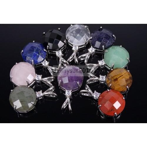 Natural Gems Stone Crystal Faceted Round Reiki Chakra Pendant Charms Silver Rhinestone 10Pcs/Pack