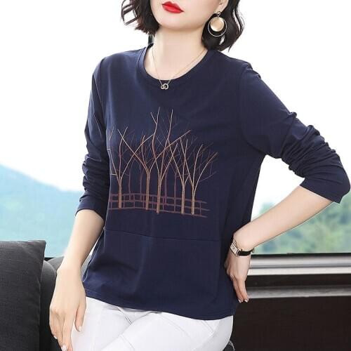 2021 New Autumn Tops Women Embroidery Round Neck T Shirt Casual Long Sleeve Loose Soft Tee Shirt Fashion Ladies Top Y139