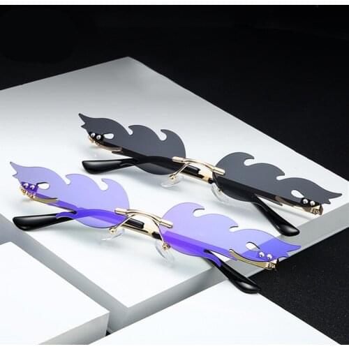 Rimless Wave Sunglasses Fire Flame Sunglasses Streetwear Glasses Trending Narrow Fashion UV 400 Eyewear Fishing Driver Goggles