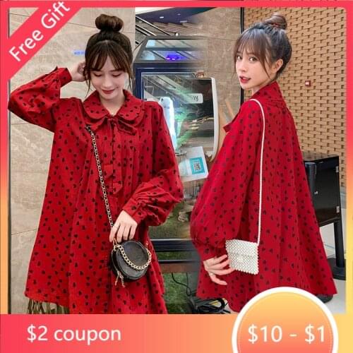 Autumn Korean Fashion Red Chiffon Maternity Blouses Sweet Loose Shirts Clothes for Pregnant Women Fall Pregnancy Tops Tunic