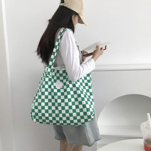 Yeqofcd Check Bags Plaid Canvas Handbag Gingham Tartan Reusable Shopping Bags Casual Shoulder Tote Bag For Women Girls