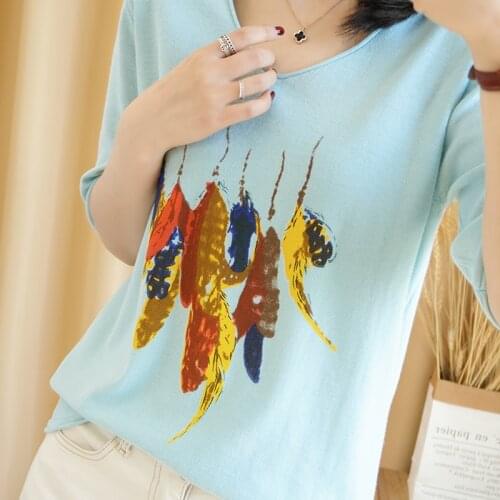 T-shirt women 2021 new summer pure cotton knitted sweater half sleeve women casual plus size tops v-neck pullover tees