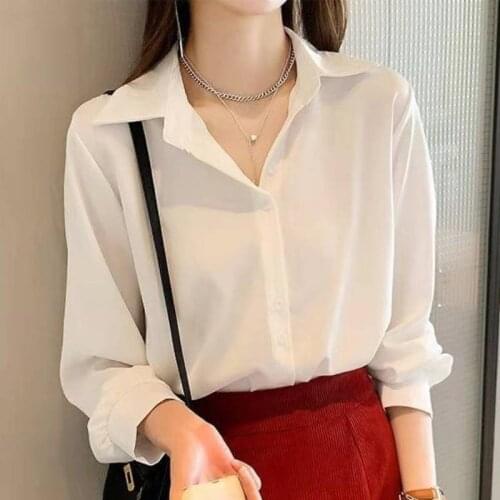 Autumn Tops For Women 2021 White Button Up Shirt Long Sleeve Top Black Chiffon Blouse Polo-Neck Pink Shirt Casual Oversized 3XL