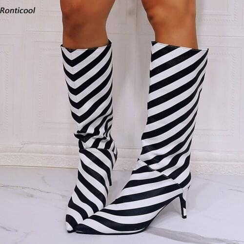 Ronticool Italian Style Women Winter Mid-Calf Boots Slip On 8 Cm Heels Pointed Toe Black White Stripe Shoes Women Us Size 5-15