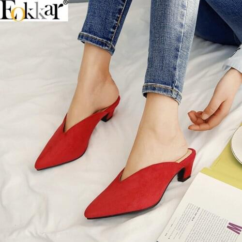 Eokkar 2019 Flock Women Mules Med Heel Pumps Shoes Pointed Toe Slip On Strange Heels Casual Single Shoes Black Plus Size 34-45