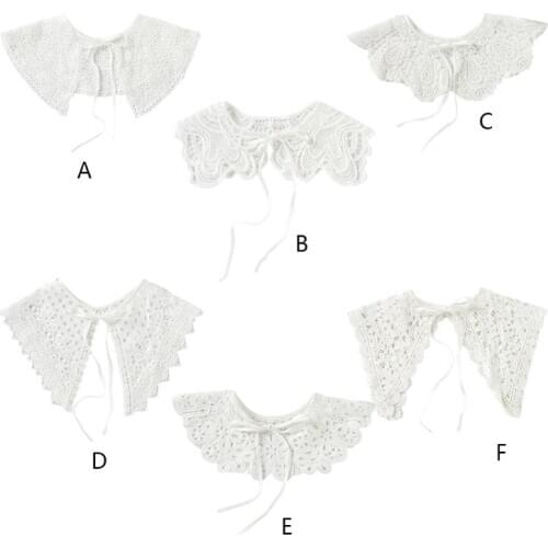 Women Lolita Decorative Fake Collar Lace Shawl Capelet Hollow Embroidery Dickey Self-Tie Ribbon Mesh Necklace