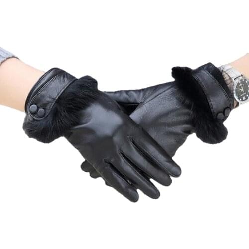 Winter Genuine Leather Gloves Women 2020 Buttons Fashion Real Rex Rabbit Fur Black Glove Goatskin Mittens