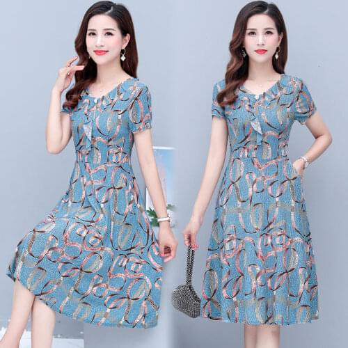2021 Summer Middle Aged Women Ice Silk Short Sleeve Fashion Midi Dress Female Mother Casual Loose Printing Dresses Vestidos Y795
