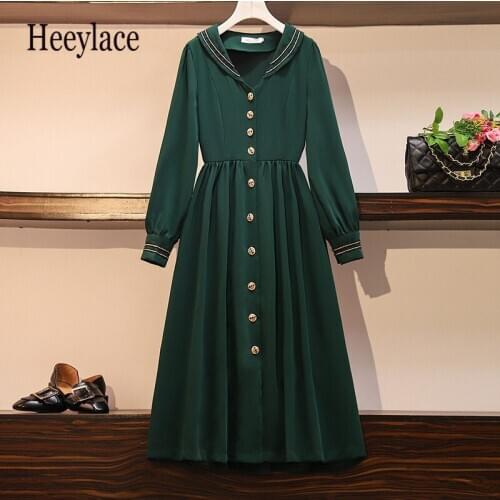 Plus Size Women Vintage Green Long Dress Autumn 2020 Fashion V-neck Long Sleeve Single-breasted High Waist Loose Dresses