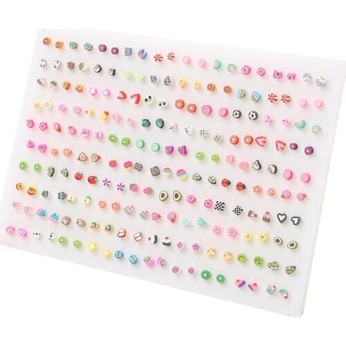 100pcs/Set Mix Style Soft Clay Cute Candy Colorful Cartoon Animals Flower Heart Plastic Pin Stud Earings Sets Piercing Brincos
