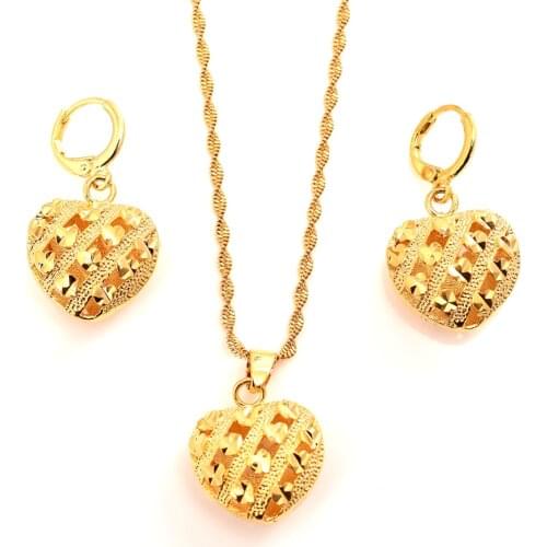 24 K Yellow Gold Filled LOVE Lovely Heart Necklace Pendant Earring set Women jewelry sets PNG Dubai best gift