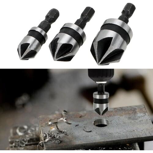 3PCS Countersink Drill Bit 5 Flute Chamfer Hex Shank Carbon Steel Chamfering Cutter 90 Degree Point Angle For Power Tool