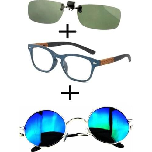 3Pcs!!! Comfortable Wooden Squared Frame Reading Glasses for Men Women + Alloy Polarized Sunglasses Outdoor + Sunglasses Clip