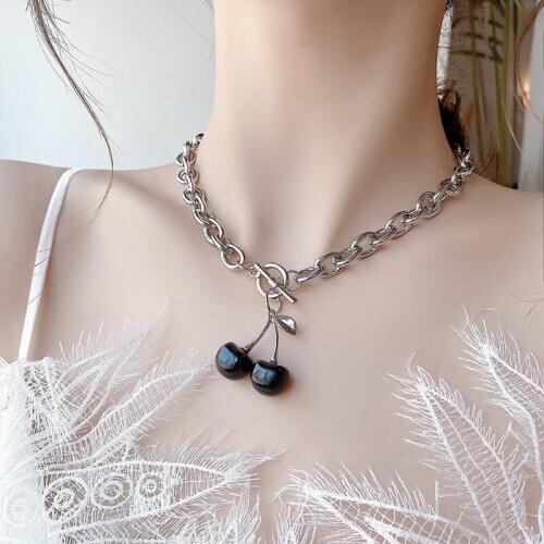 TIMEONLY Black Resin Black Cherry Pendant Necklace for Women Girl Silver Color Metal Linked Chain Choker Necklace Party Jewelry