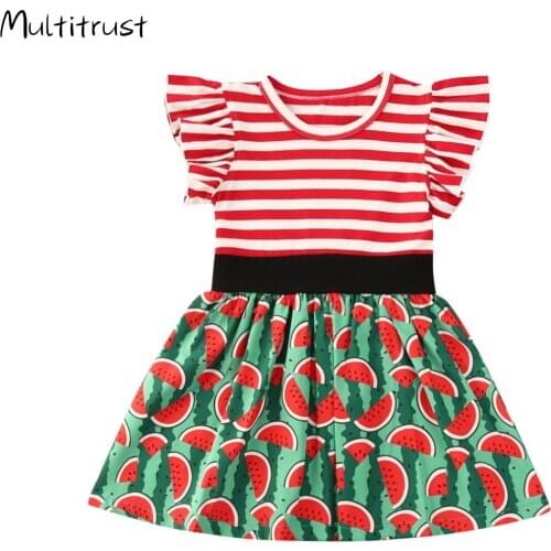 Toddler Kids Gilrs Clothes Round Neck Fly Sleeve Striped Patchwork Dress One-Piece Summer Dress