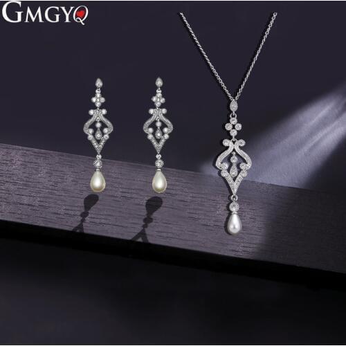GMGYQ Fashion Jewelry Silver Color Necklace Earrings Sets Glamour Pearl Jewelry Womens Party Girlfriends Gifts