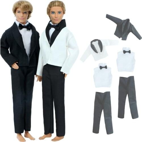 2 Set Formal Business Suit Black Pants + White Shirt with Bow + Coat Men Outfits Wedding Clothes for Ken Doll Accessories Toy