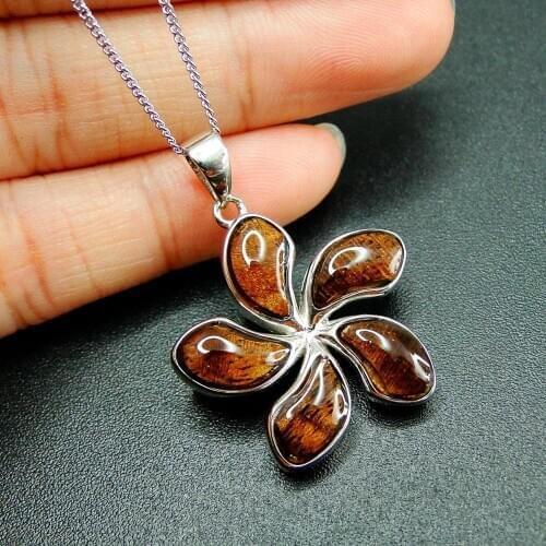 Beautiful Hot Selling 925 Sterling Silver 25mm Wood Plumeria Flower Pendant Necklace For Gift