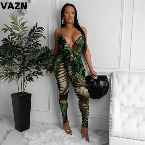 VAZN 2020 Hot Holiday Spaghetti Strap Soft Joker Sexy Vintage Young Sleeveless High Waist Slim Women Long Pencil Jumpsuits