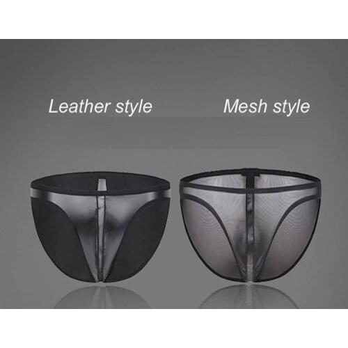 Mens Underwear Transparent Low Waist Faux Leather Stitching Mesh Mens Gay Panties Sexy Wild Briefs Bikini Mens Nylon Underwear