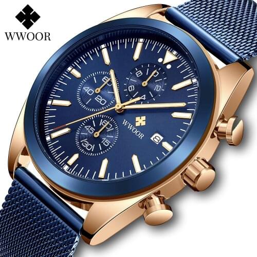 2021 New WWOOR Sports Business Mens Watches with Steel Mesh Blue Top Brand Luxury Chronograph Waterproof Quartz Wristwatch Clock
