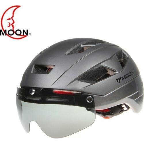 MOON Mens Cycling Helmet Ultralight Bike Helmet Black Visor Mountain Road Bicycle Helmet with Lenes For Mountain Bike