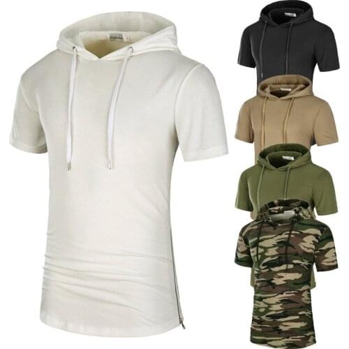 Summer New Mens Slim T-shirt Pullover Short-sleeved Hooded Camo Mid-length Base Swwatshirt Men Top