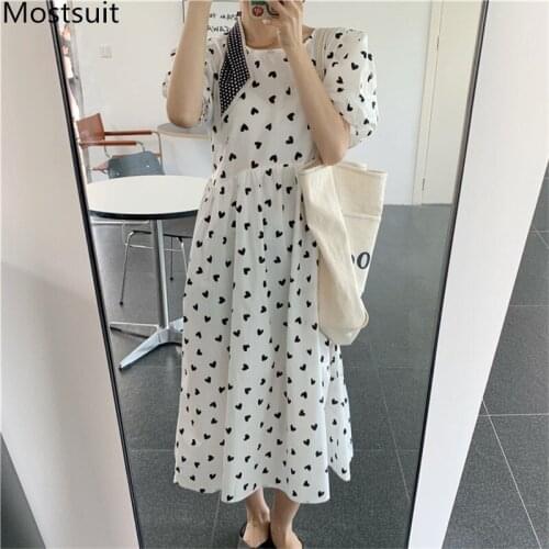 Hearts Printed Women Long Dress Summer Short Sleeve O-neck Midi Dresses Korean Elegant Ladies Vestidos Femme 2021