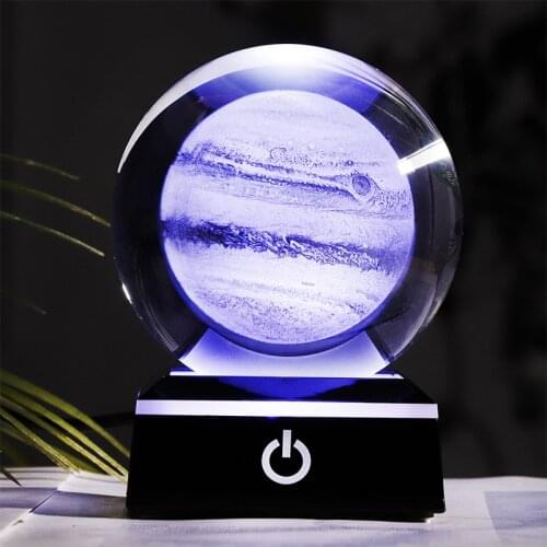 Planets Ball K9 Crystal 3D Engraving Solar System Jupiter Globe with LED Coloful Light Base Home Decoration Accessories Ornament