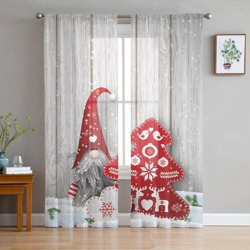 Christmas Gnome Wood Grain Snow Tulle Curtains for Living Room Decoration Modern Chiffon Sheer Voile christmas curtains
