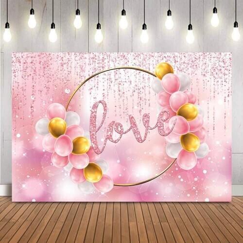 Pink Glitter Love Backdrop for Photography Valentines Day and Mothers Day Photo Background Sweet 16th Birthday Decoration Prop