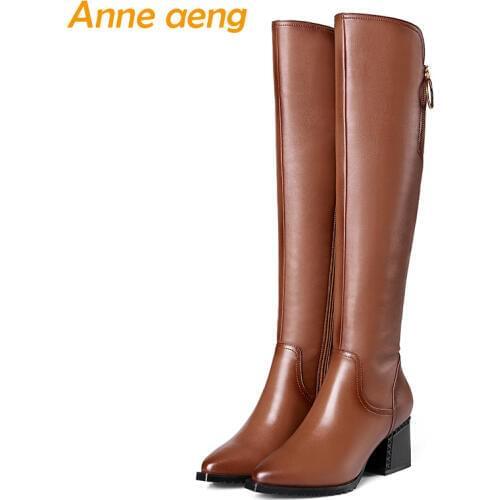 2019 New Winter Genuine Leather Women Knee-High Boots High Heel Pointed Toe Metal Zip Sexy Ladies Women Shoes Motorcycle Boots