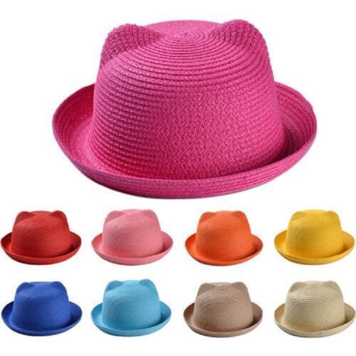 2017 New Lovely Summer Straw Hats Baby Ear Decorations Cap Child Character Girls Boys Sun Hat Children Floppy Panama Candy Color