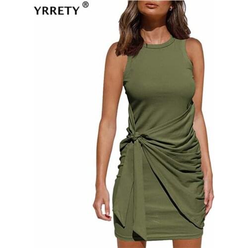 YRRETY Cotton Ruched Sexy Party Dress Women Sleeveless Elastic Mini Vintage Summer Bodycon Club Wear Bow Belt Irregular Clothes