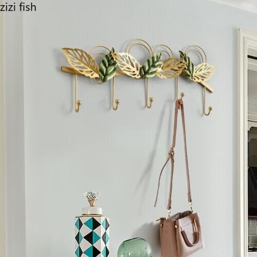 Iron Art Leaf Decorative Hook Wall Hanging Storage Five Hooks Home Decoration Accessories Clothes Cap Hook Pendant Wall Shelf