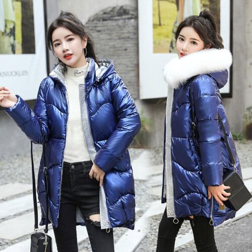 2021 Winter Jacket Womens Parkas Hooded Big Fur Collar Down Cotton Jacket Glossy Long Parka Thick Padded Female Casual Outwear
