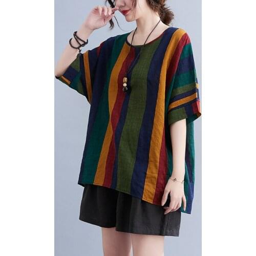 Plus Size Loose Tops Print Striped Fashion Women Top Thin Soft Cotton Cozy Summer T Shirt Travel Casual Tshirt Oversize T-shirts