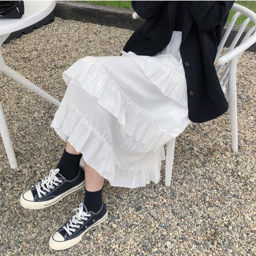 Ginzagirl Midi Long Skirts Womens Maxi Skirt Goth Lolita Summer High Waisted Asymmetrical High Low Ruched Ruffle Skirts Rok Jk