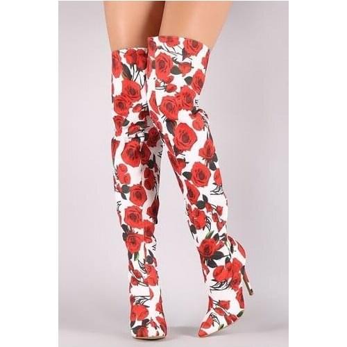 Luxury Brand Fower Printed Women Boots 2018 Pointed Toe Thin High Heels Stretch Fabric Tight High Boots Overknee Tall Boots