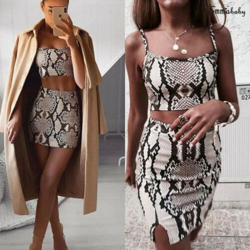 Fashion Ladies Snake Print Two Piece Set Streetwear Women Summer Sleeveless Bandage Crop Top Skirt set Party Club 2 piece set
