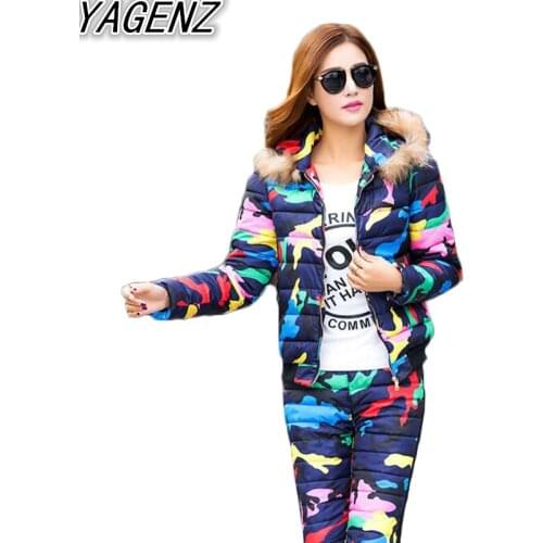 Winter Two Piece Cotton Sets Jacket Female Pants + Cotton Coat Women Warm Fur Collar Hooded Outwear Thick Overcoat (Coat+Pants)