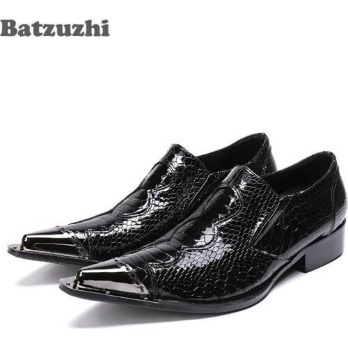 Batzuzhi Pointed Metal Tip Mens Shoes Black Patent Leather Fish cales Pattern Leather Oxford Shoes Formal Business Leather Shoe