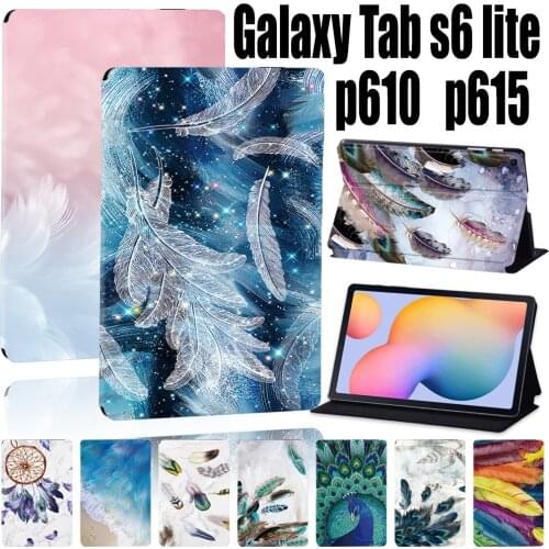 Tablet Case for Samsung Galaxy Tab S6 Lite 10.4 Inch P610/P615 Printing Feather PU Leather Cover Case + Free Stylus