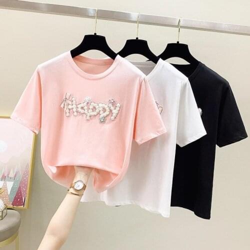 Short Sleeve T Shirt Women Cotton Pink Tops Summer Tees Beading T-Shirt Woman Casual Happy Letter White Tshirt Femme 2021