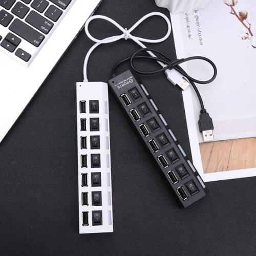 Intelligent USB 2.0 Adapter HUB 7 Port Expander Multiple High-speed LED Splitter Adapter w/ON/OFF Power Switch for Office Comput