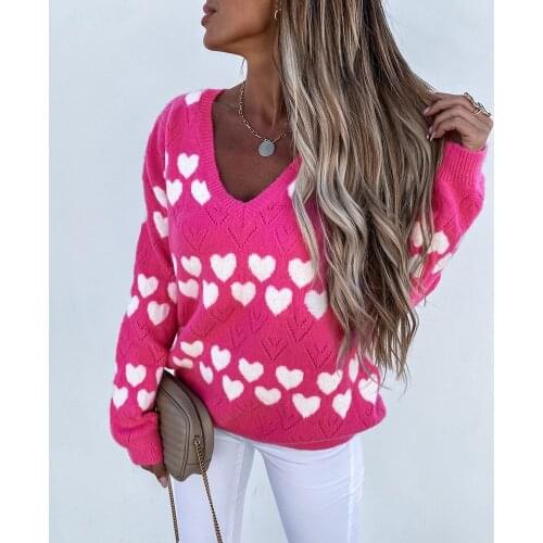 MosiMolly 2021 Heart Sweater Jumper Pullovers Women V neck Hollow Out Casual Sweater Knitting Loungewear