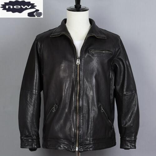 2021 Fashion Genuine Leather Men Turn-down Collar Sheepskin Motorcycle Biker Jacket Black Loose Casual Coat